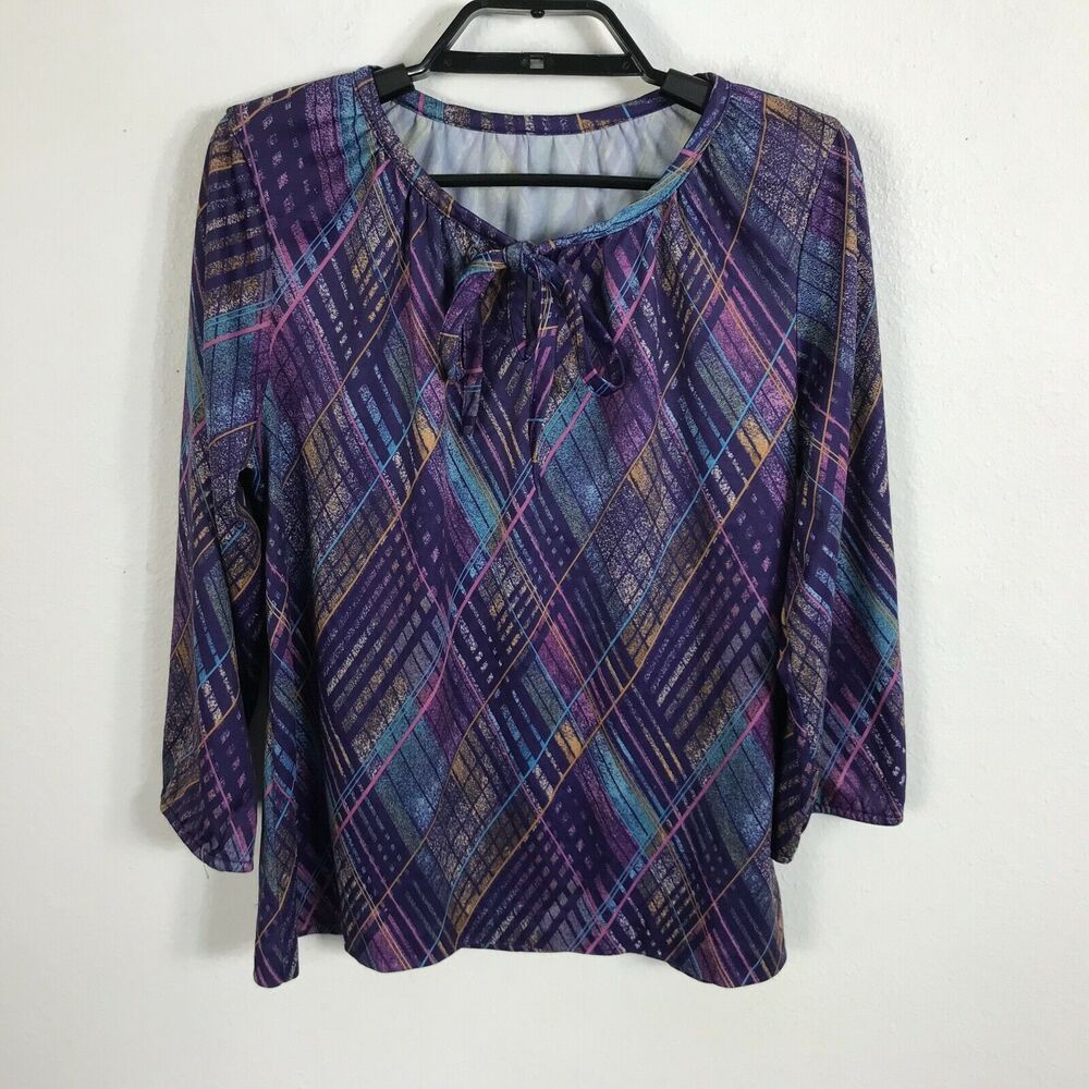 Vintage 1970s Blouse Size S Multicolor 3/4 Sleeve Polyester Hippie‎ Disco Womens